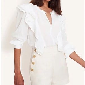 Ann Taylor Bobble Trim Ruffle Popover long sleeve top pom pom trim white